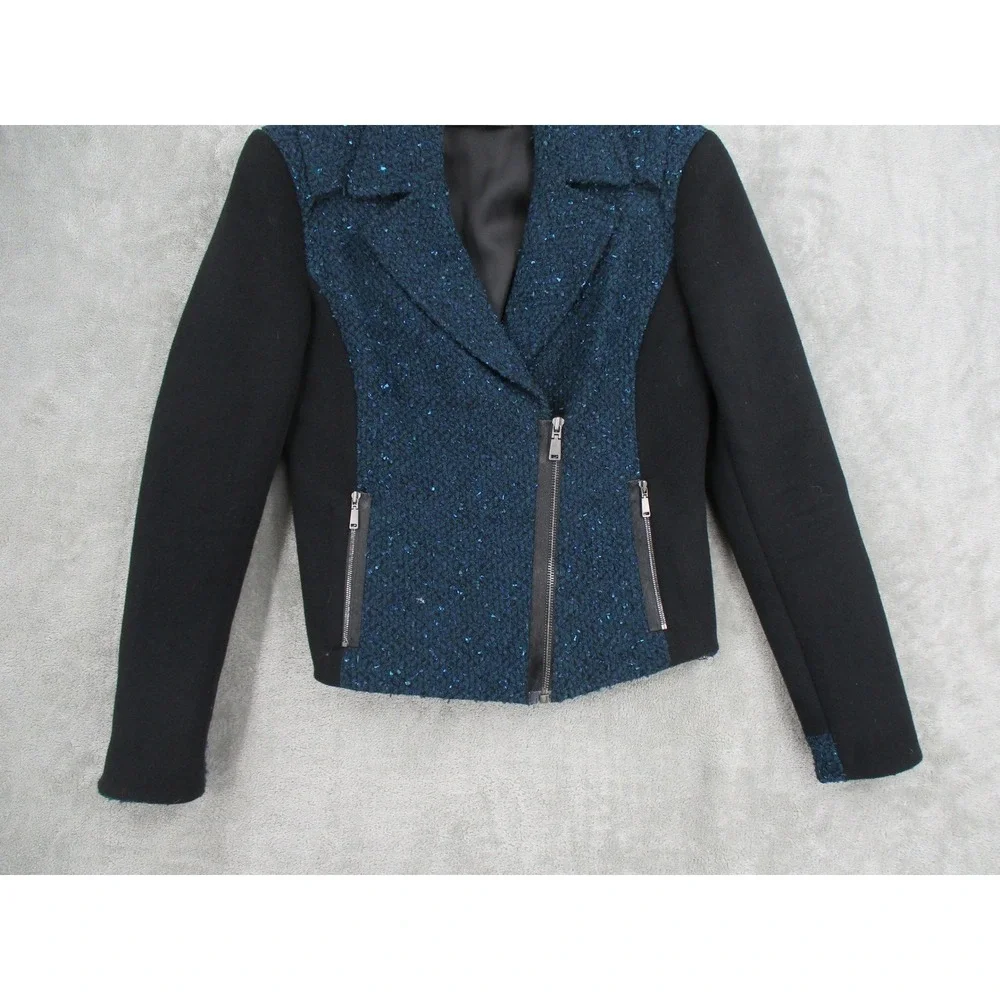 Elie Tahari Jacket Womens Size 2 Wool Blend Tweed Moto Full Zip Pockets Office